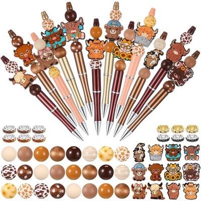 12 Set Beadable Pens Wood Crystal Round Spacer Black Ink Office Supplies Cow