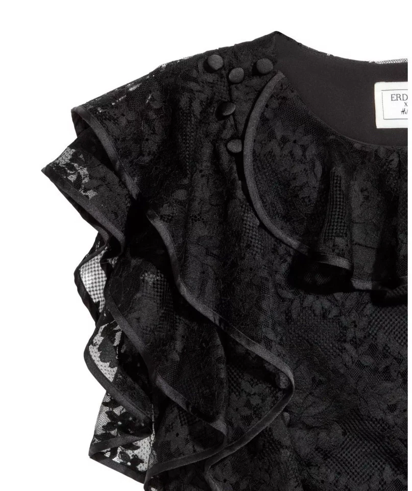 Blusa ERDEM x H&M ENCAJE Volantes Top con Volantes Negra Floral XS Foto 2 de 4