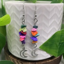 2.25 Earring Set Silver-tone Boho Stone Chips Dangle Drop New Moon B7332