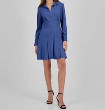 Taylor Women's Blue Pleated Open-Collar Long-Sleeve Fit & Flare Dress Size 12
