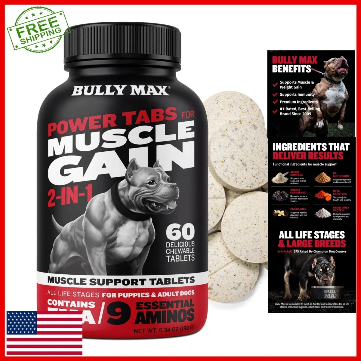 Dog Supplements Bully Max Tablets BULLY MAX 2-in-1 Muscle Gain Power Tabs Supplement For Dogs, Bottle 