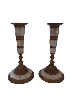 Pair Of Vintage Brass Mother Of Pearl Candlesticks Collectable Preloved Antiques