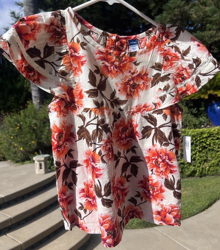 NWT Girls Old Navy Floral Red Pink White Cotton Blouse Shirt Top 10- 12