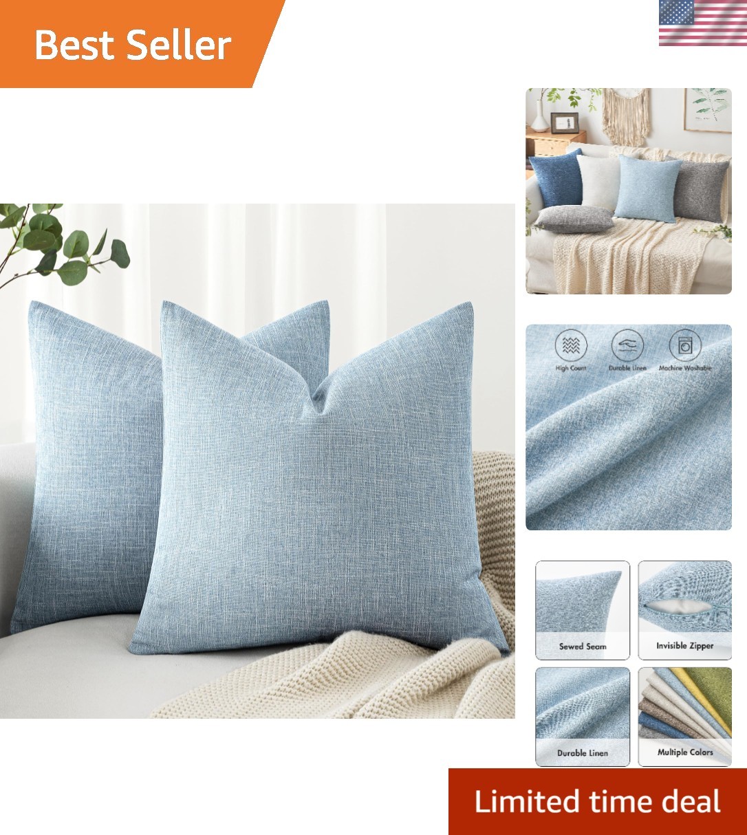 Elegant Pack of 2 Light Blue Linen Burlap Pillow Covers - 18x18 Inches