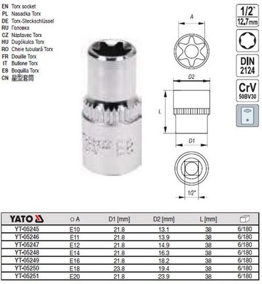 Yato TORX-Steckschlüssel 1/2'' E10-E20 Freie Auswahl