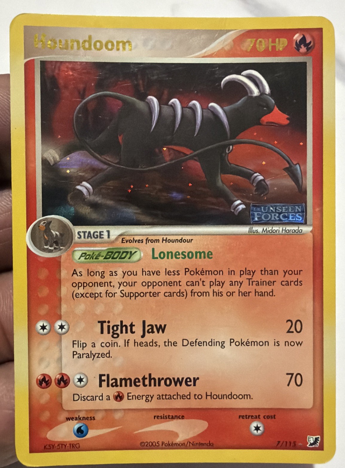 Damaged 2005 Pokemon TCG Houndoom 7/115 Reverse Holo STAMPED - EX: Unseen Forces