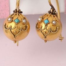 Antique Victorian Etruscan Revival 14k Gold Turquoise Orb Dangle Drop Earrings