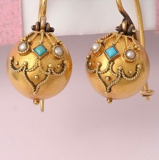 Antique Victorian Etruscan Revival 14k Gold Turquoise Orb Dangle Drop Earrings