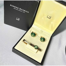 Dunhill Green Malachite Decoration D Logo Oval Cufflinks Tie Pin Set