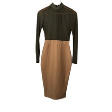 NEW Missguided Womens Mesh Mock Neck Colorblock Midi Dress Khaki Camel US 6