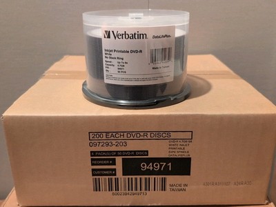 Box of 200 Verbatim 94971 DVD-R 4.7 GB 8x White inkjet Printable NEW SEALED