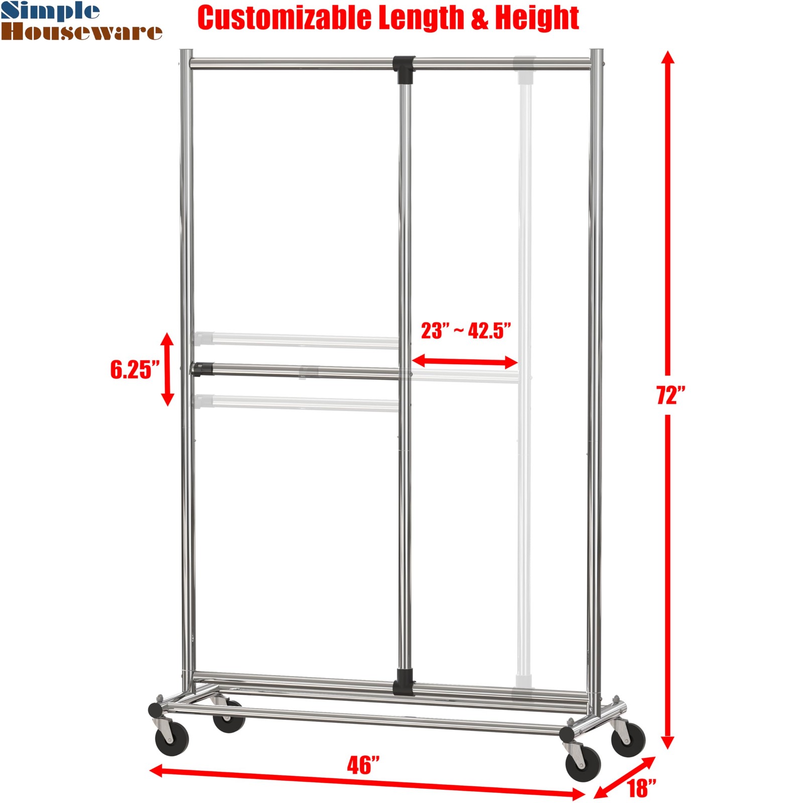 Dual Bar Adjustable Garment Rack, Chrome, 72-inch Height