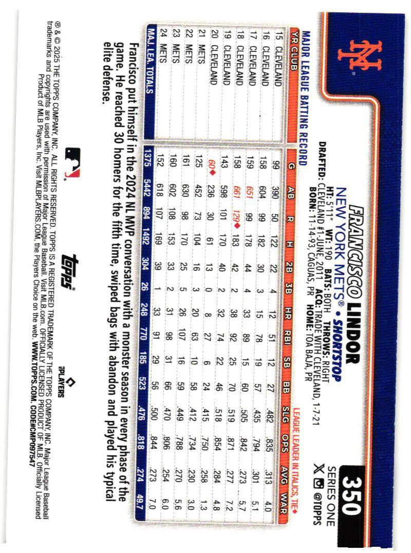 2025 Topps #350 Francisco Lindor | eBay