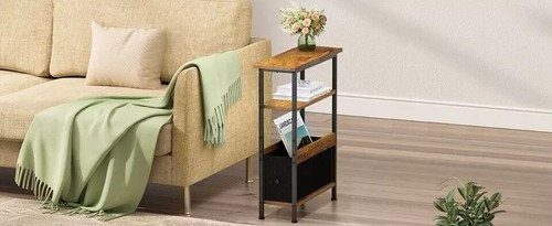Modern Narrow Side Table Sofa Storage End Table with 1 Fabric Drawer Rustic New - Picture 8 of 10