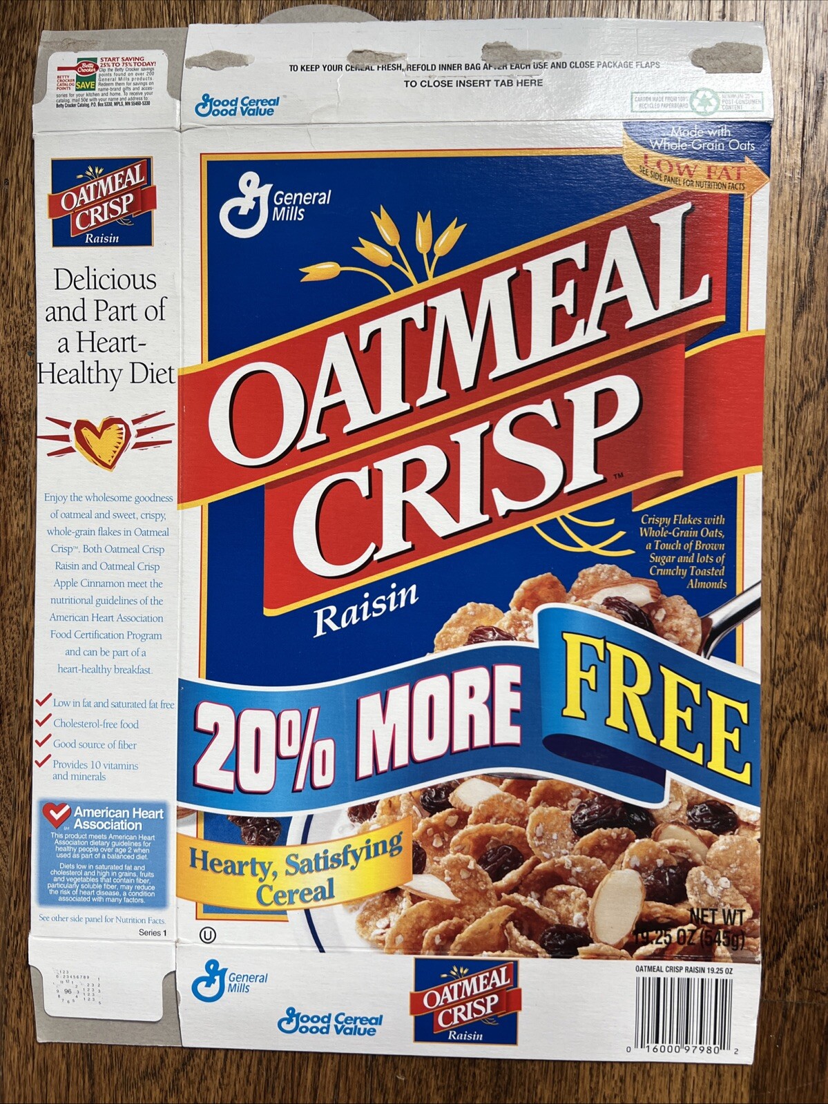 1996 General Mills Oatmeal Raisin Crisp cereal box - 20% More FREE - SERIES 1