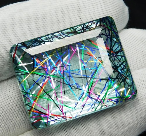 38.50 Ct Emerald Cut Multicolor Rutilated Quartz Loose Gemstone