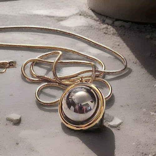 Goldtone 36" Serpentine Necklace With 80s Modernistoc Silver/goldtone Sphere - Picture 3 of 3