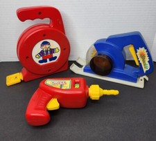 Vintage Play Tools Lot- Toy Drill, Saw, and Fun Time Tape Measure