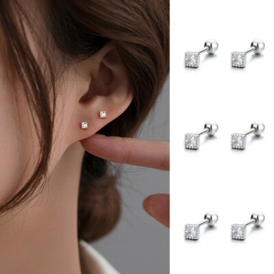 Womens Surgical Steel Silver Square Screw Back Stud Earring Minimalist Jewelry