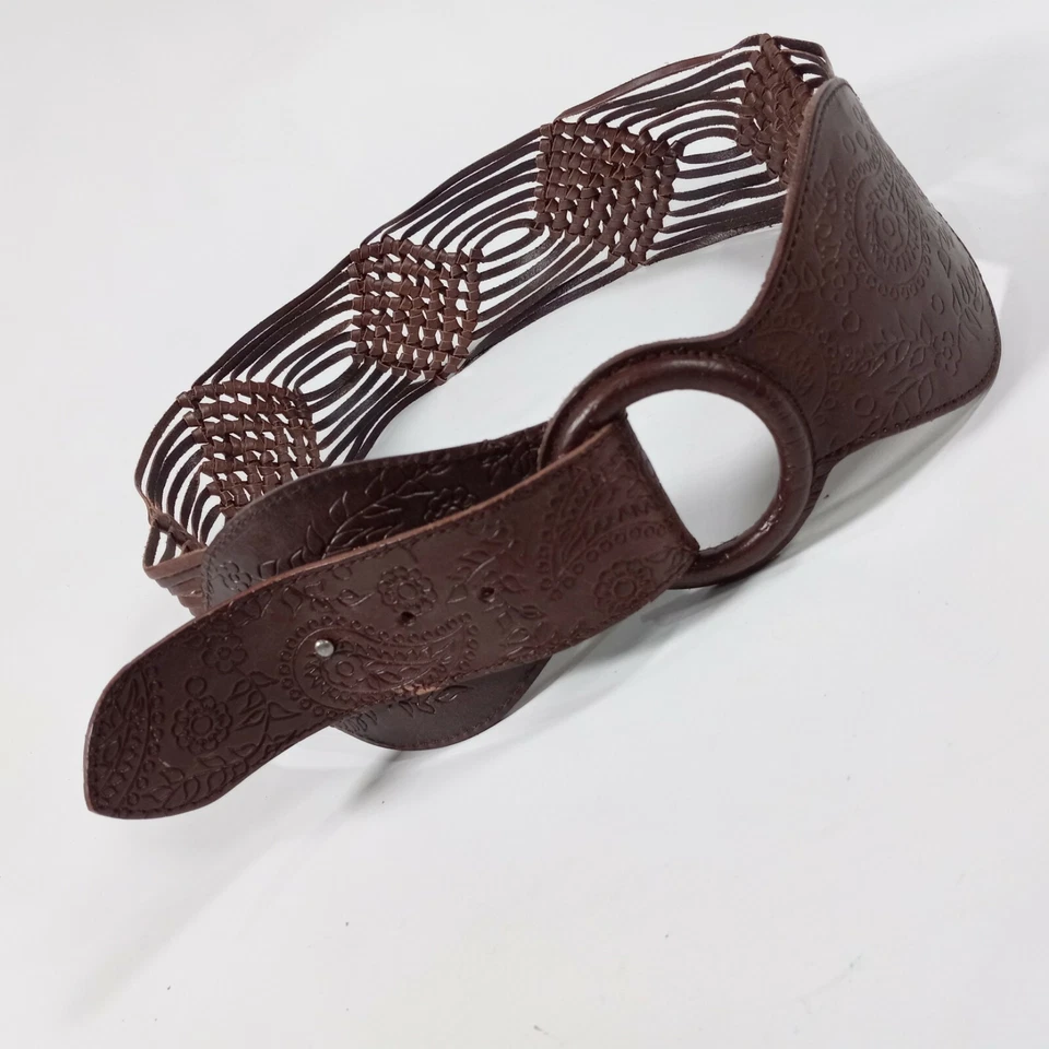 Bebe Leather Hip Belt Small 34 Paisley Flower Vine Woven Brown - Image 3 of 4