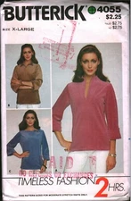 4055 Vintage Butterick Sewing Pattern Misses 1980s Loose Fitting Tops Shirt XL