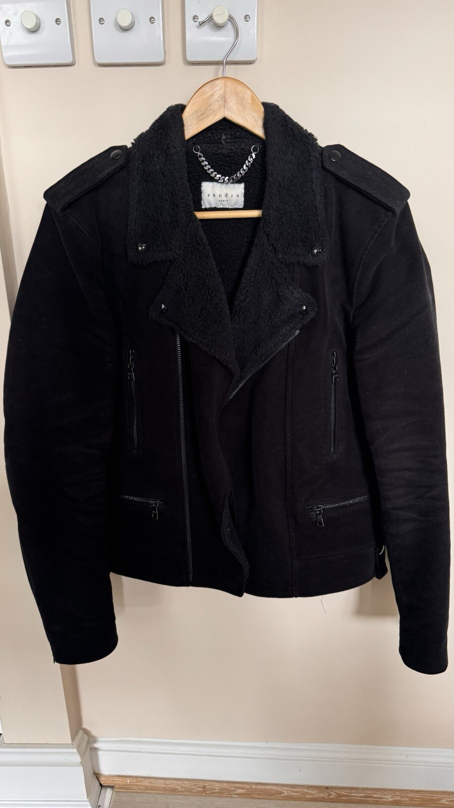 Sandro Men’s Faux Shearling Leather Moto Jacket, size M image 6