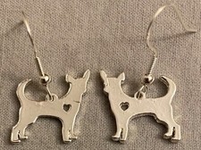 CHIHUAHUA DOG with HEART EARRINGS - Pewter w/Sterling Silver Ear Wires or GP 
