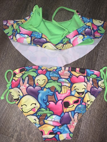 Justice sz 10 rainbow emoji swimsuit bikini dolphin french fry palm tree - Picture 6 of 6