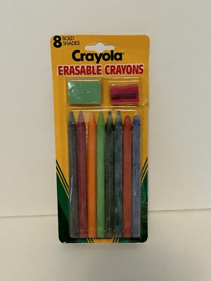 Vintage 1990 Crayola Erasable Crayons 8 Bold Shades Open Pkg Eraser & Sharpener