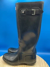 Hunter Rain Women's Sz 8F Black Leather Rubber Knee High Pull On WFT1000RMA