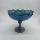 Vintage Indiana Carnival Glass Iridescent Blue Garland Pedestal Fruit Bowl