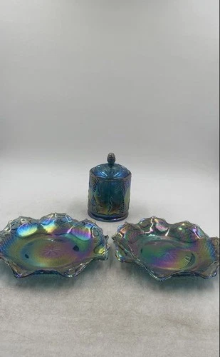 Vintage Blue Iridescent Carnival Glass Collectible Jar And Serving Dishes