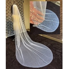 bridal glitter Veil beaded pearls edge cathedral 1 tier