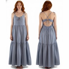 Forever 21 Blue White Striped Seersucker Tiered Open Back Maxi Dress Sz Large