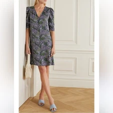 See By Chloe Blue Green Floral Puff Sleeve Shift Mini Dress Size 34 XS