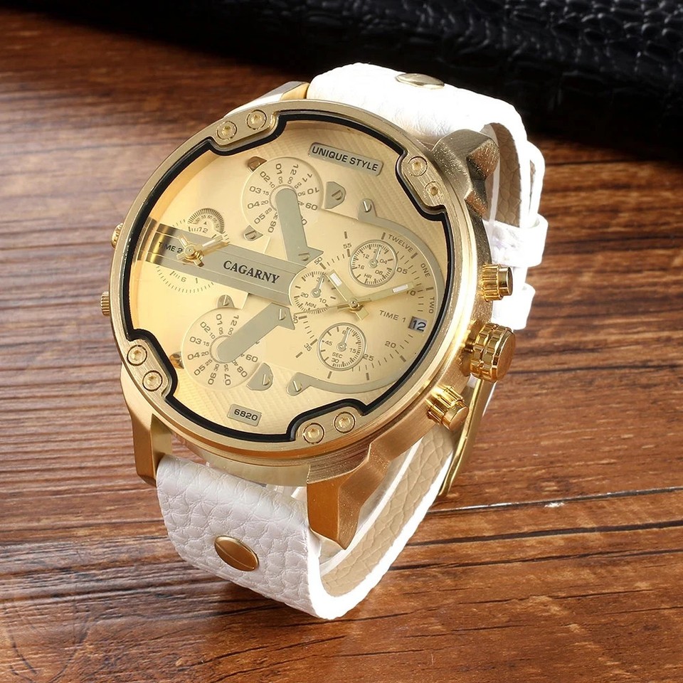 CAGARNY Men's Big Dial Quartz Watch Dual Time Display Leather Band | eBay