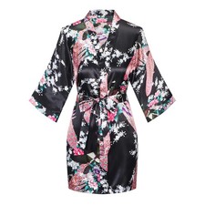 Womens Short Kimono Robes Bride and Bridesmaid Satin Floral Bathrobe Peacock ...