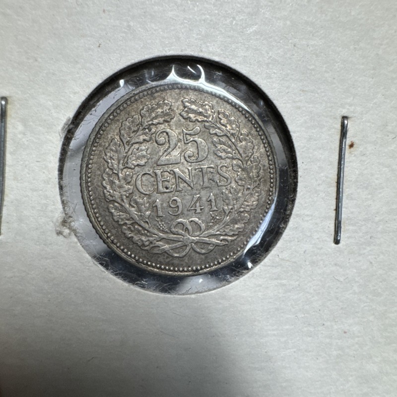 Netherlands - 25 Cents 1941 - Wilhelmina - Silver, very nice coin, pretty toning