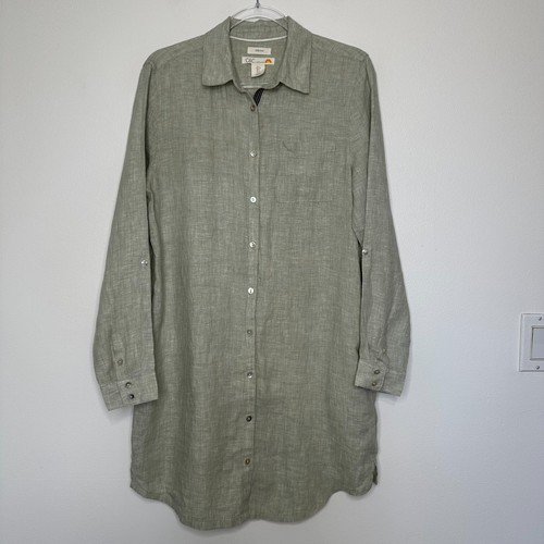 C and C Linen Shirtdress Womens Size L Green Roll tab Sleeves Lagenlook Pockets