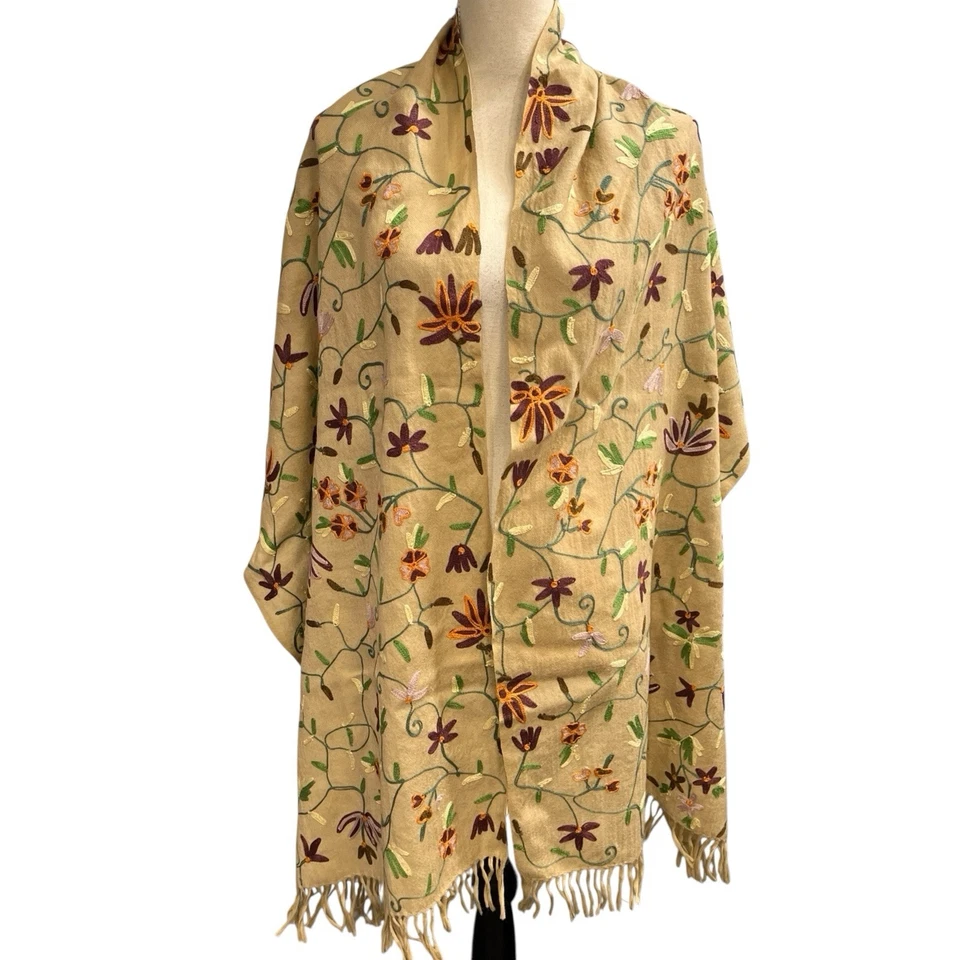 Bufanda De Colección Oscar Da La Renta Lana Tostada Floral Bordada Flecos Boho Hippie Foto 2 de 4