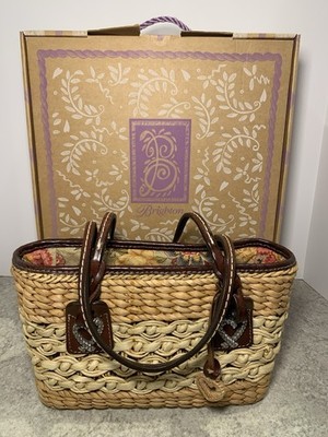 Brighton Shelie Woven Straw Purse Brown Leather Straps Heart Charm/Original Box