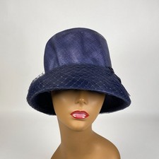 Vintage Ladies Cloche Bucket Hat Mesh Bow Accent Navy Blue Derby Wedding