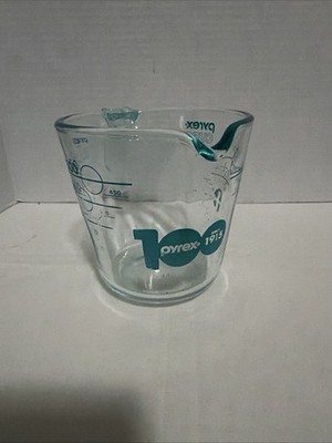 Pyrex 100th Anniversary Turquoise Glass Measuring Cup Teal 16oz. Right Handed