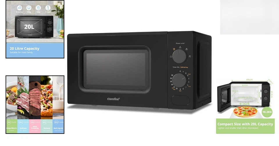 Schwarze 20L Kompakt-Mikrowelle 700W, manuelle Steuerung, 5 Leistungsstufen & Auftauen - Bild 2 von 4