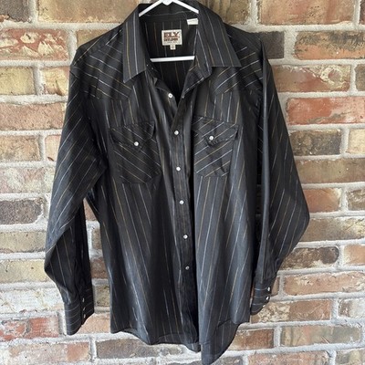 Ely Cattleman Black Gold Silver Metallic Pearl Snap Western Shirt Mens 18 35 Vtg