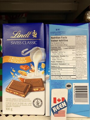 AiWaWa CA, Lindt SWISS CLASSIC Crunchy Milk Chocolate Bar, 100 G