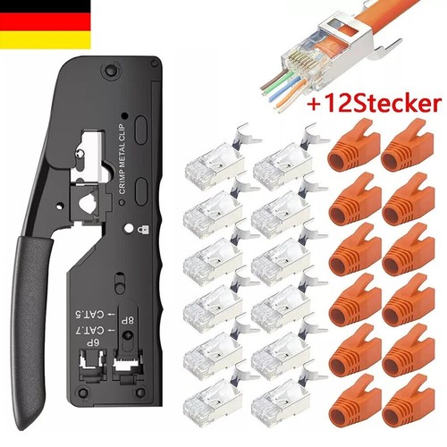 RJ45 Crimpzange + 12 Cat7 Stecker Set Netzwerk Werkzeug Lan Kabel Zange Cat 7 6 - Afbeelding 2 van 11