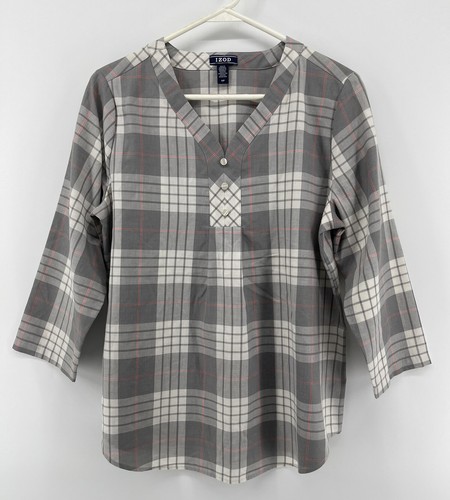 IZOD Womens V Neck 3/4 Sleeve Blouse Top Shirt Size S Small Gray Pink Plaid