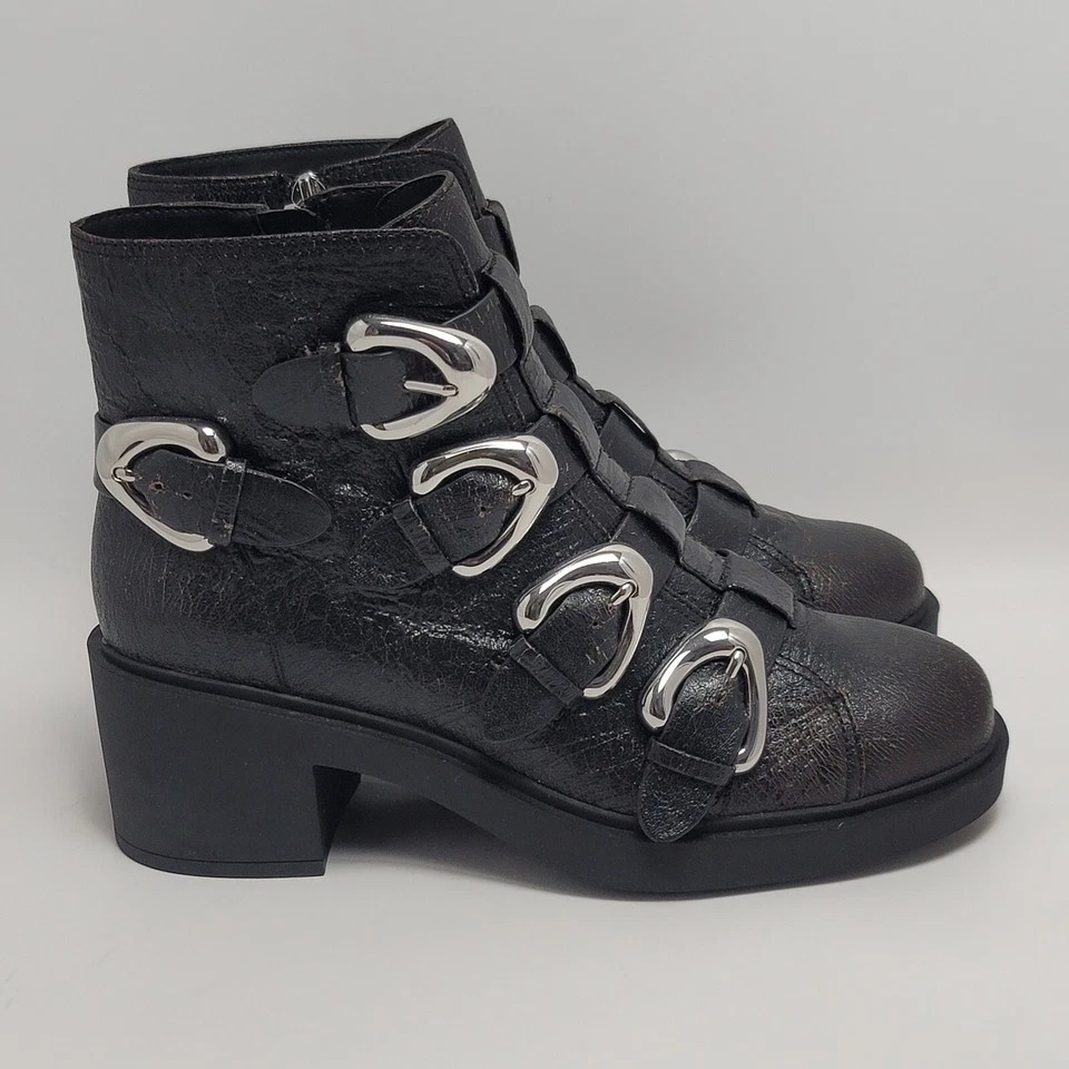 Botas de tornozelo aerossóis Gavyn multi fivela motociclista couro preto rachado tamanho 8.5 - Imagem 4 de 4