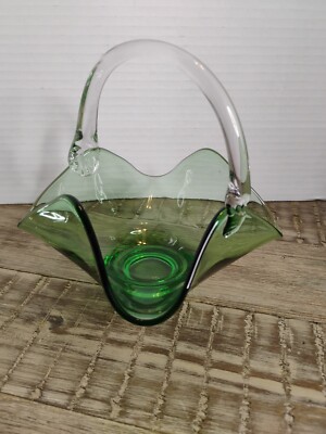 Green Viking Handkerchief Glass Basket Emerald Vintage